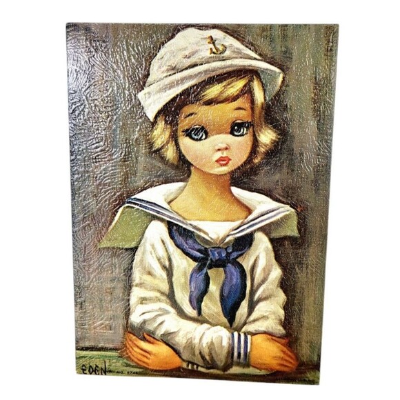 Vintage 60s Big Blue Eyed Sailor Girl Kitschy Lithograph Print Eden No. 5742 - Picture 4 of 6